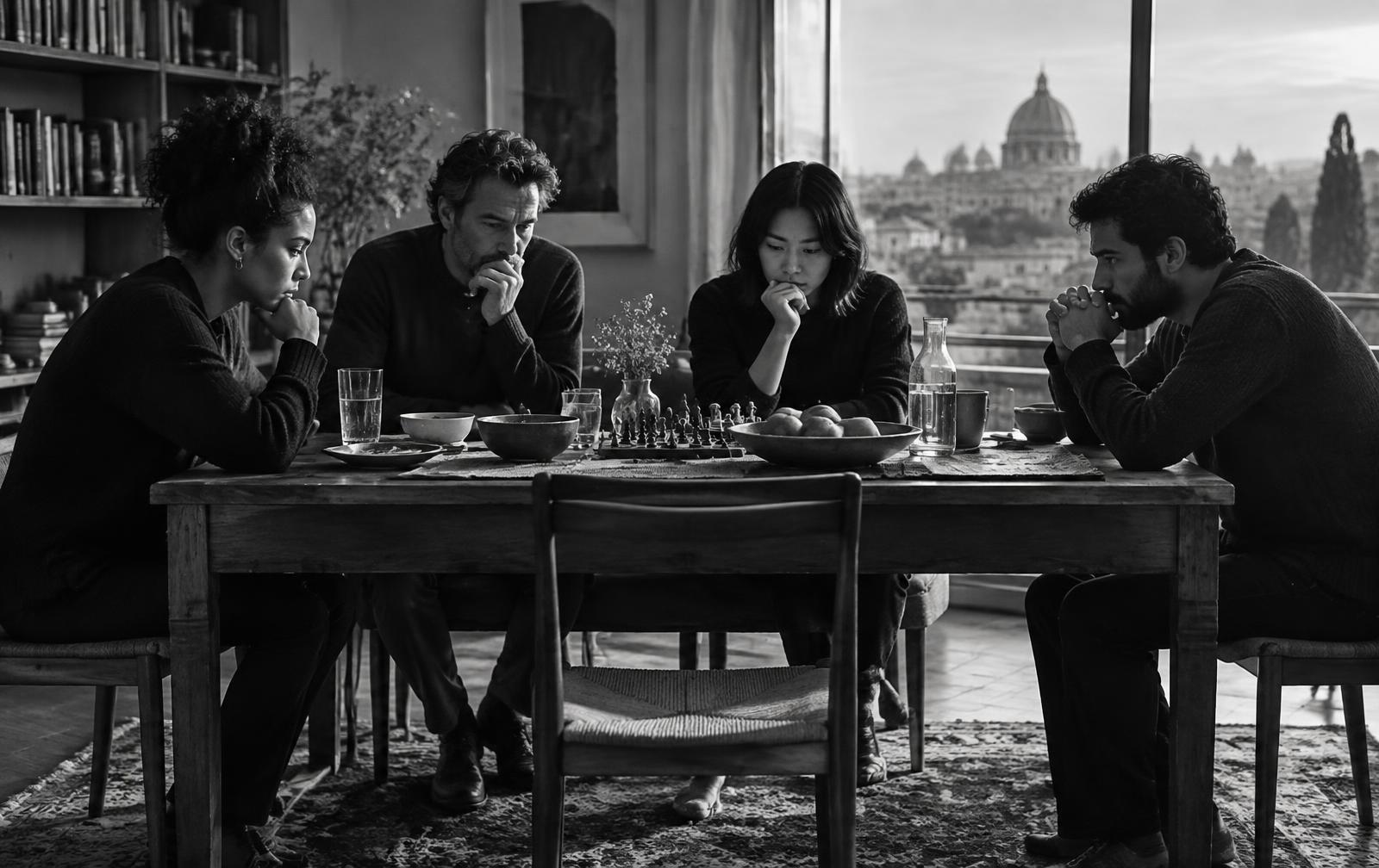 Friends considering their choices together around a table